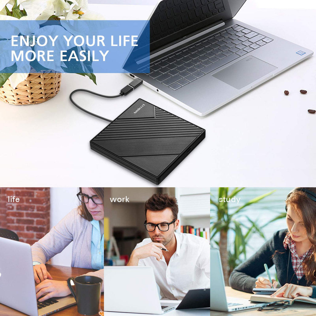 Amicool External DVD Drive USB 3.0 USB C CD Burner CD/DVD +/-RW Optical Drive, Slim Portable DVD Player CD ROM Rewriter Writer Reader for Laptop Desktop PC Windows 11/10/8/7 MacBook Mac Linux OS Apple