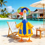 yuboo 23-Inch Porch Goose Raincoat Outfit - Summer Yellow Goose Clothes with Blue Pockets & Red Trim,Rainbow Umbrella Hat, Blue Sun Hat & Polka Dot Tie - Funny Garden Decor for Lawn & Yard