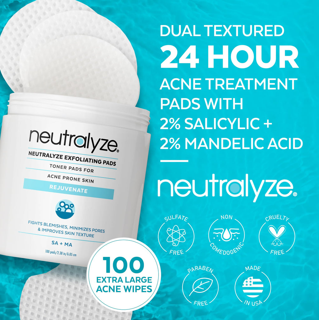 Neutralyze Exfoliating Acne Treatment Wipes - Maximum Strength, Textured Acne Pads with Mandelic Acid & Salicylic Acid for Face & Body - Suitable for All Skin Types, Teens & Adults (100 Wipes)