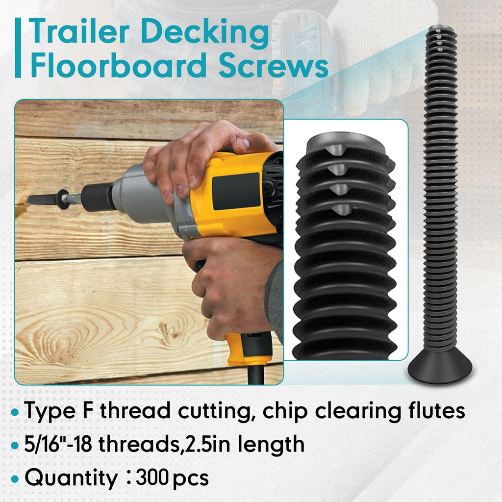 Bopowo (300pcs) 5/16-18 x 2-1/2" Flat Head Thread Cutting Trailer Deck Screws, Black Phosphate, Package Contains T40 Star Drivea and 9/32 Drill bit
