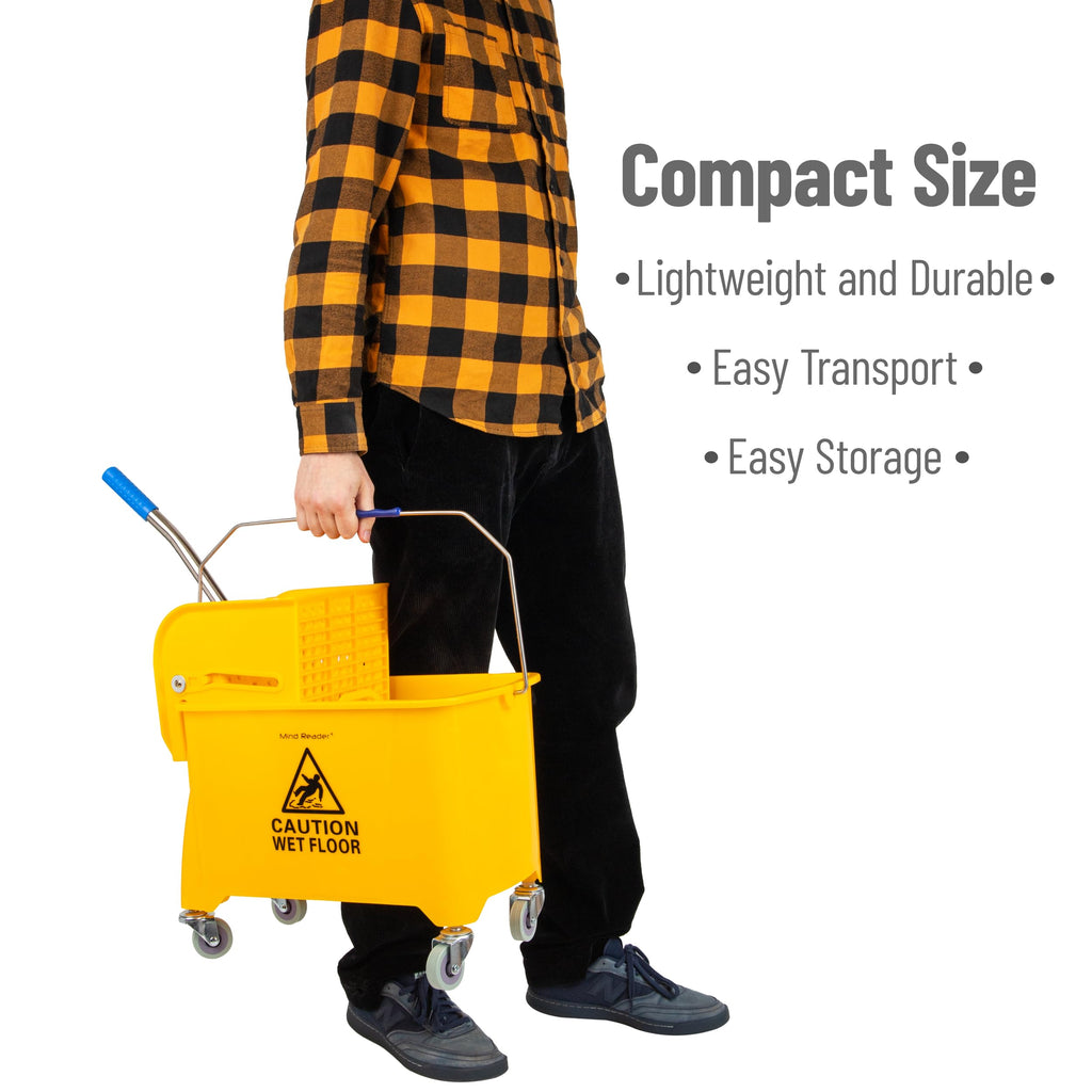 Mind Reader Mop Bucket with Wringer (Mop Not Included), 5.5 Gallon Cleaning Bucket with Wheels and Handle, Upward Press Wringer, Small Mop Compatible, Yellow