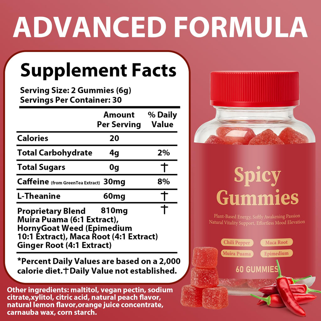 Ambelny Spicy Gummies, Intimacy Gummy with Muira Puama, Chili Pepper, Maca & Epimedium for Promote Hormone Balance, Vegan, Peach Flavor (60 Count/Bottle)