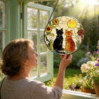 Stained Glass Window Hanging, 7.8" Charming Cat Couple Garden Suncatcher, Sun Catchers Indoor Window Ornament, Suncatchers for Windows, Doors & Home Decor, Gifts for Women, Men, Cat Lover & Pet Lover