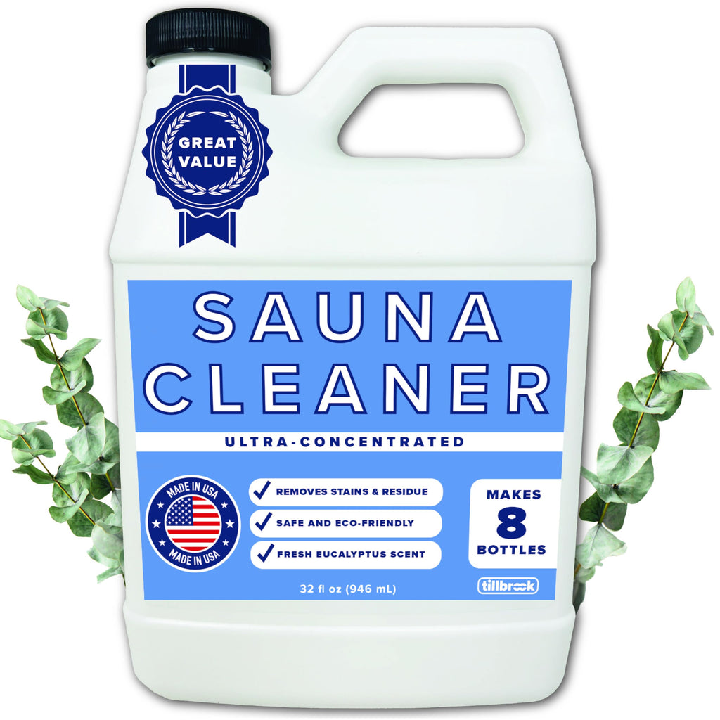 Tillbrook Sauna Cleaner - Makes 4 Gallons Concentrated Sauna Wood Cleaner - 32 oz All-Natural Cleaning Solution for Saunas - Safe for All Surfaces - Removes Grease, Sweat, & Dirt - Eucalyptus Scent