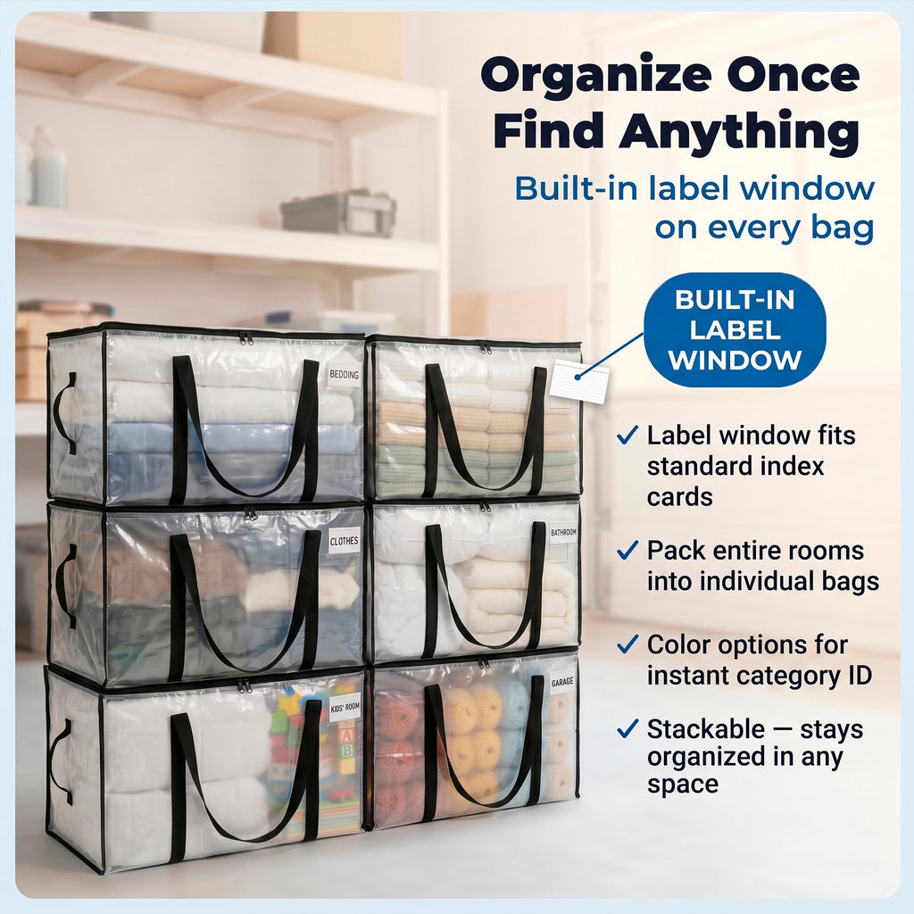 ClearSpace Heavy Duty Moving Bags - Water Resistant Storage Bags with Backpack Straps, Zippers and Handles - Large Moving Boxes for College Dorm, Travel, Closet Organization - 6 Pack, Clear
