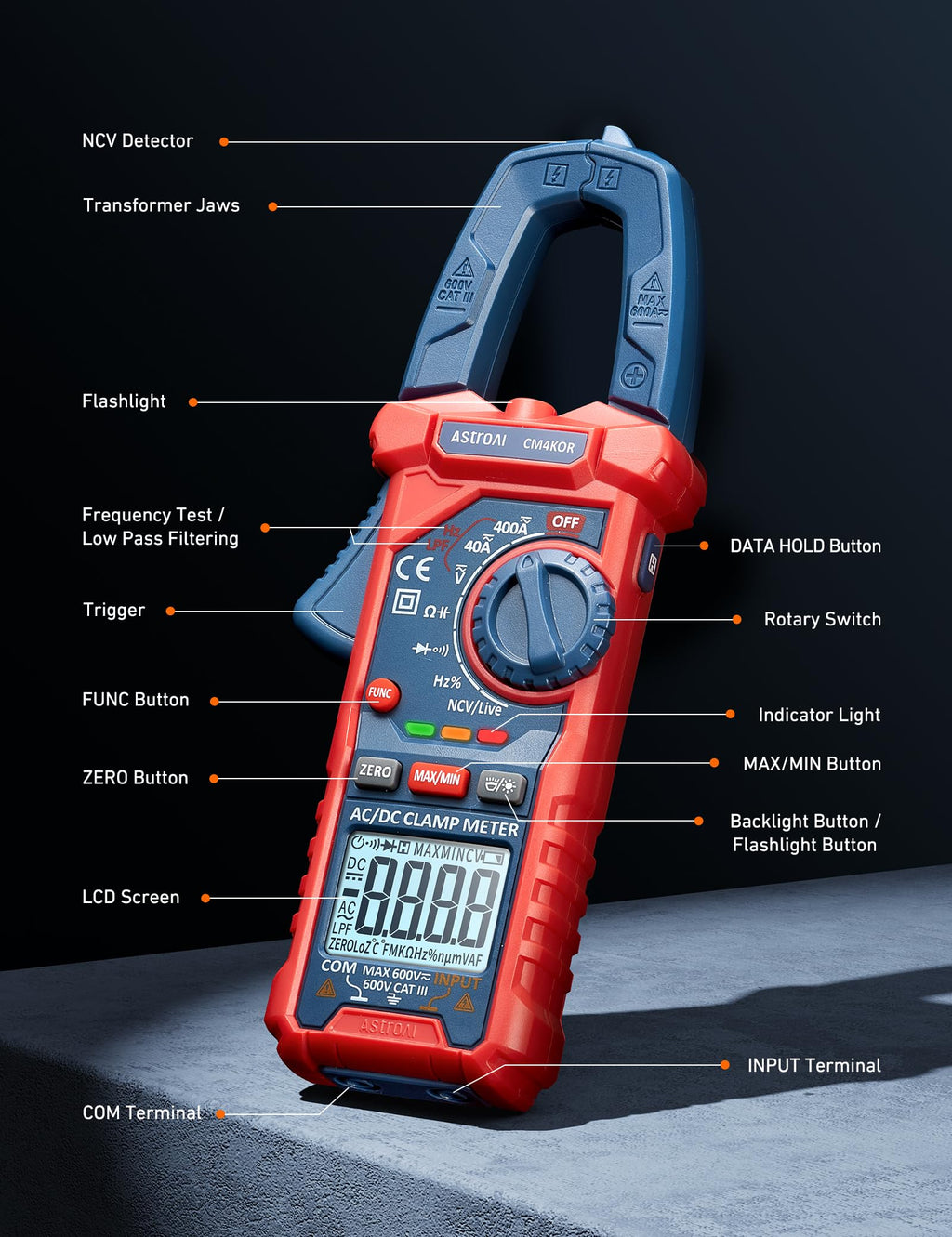 AstroAI Digital Clamp Meter Multimeter 4000 Counts Auto-ranging Amp Tester Measuring AC/DC Voltage & Current, Resistance, Capacitance, Frequency, Continuity, Live Wire Test, NCV Detection, Blue