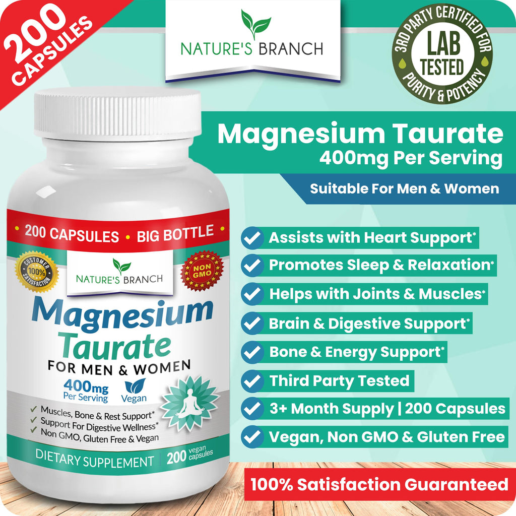 Magnesium Taurate 400mg | High Absorption | 200 Capsules for Sleep, Heart Health, Calm, Joint Supplement for Women and Men | Pure Elemental Mag Powder Plus Taurine - Extra Strength Pills