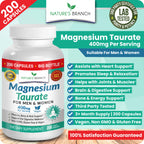 Magnesium Taurate 400mg | High Absorption | 200 Capsules for Sleep, Heart Health, Calm, Joint Supplement for Women and Men | Pure Elemental Mag Powder Plus Taurine - Extra Strength Pills