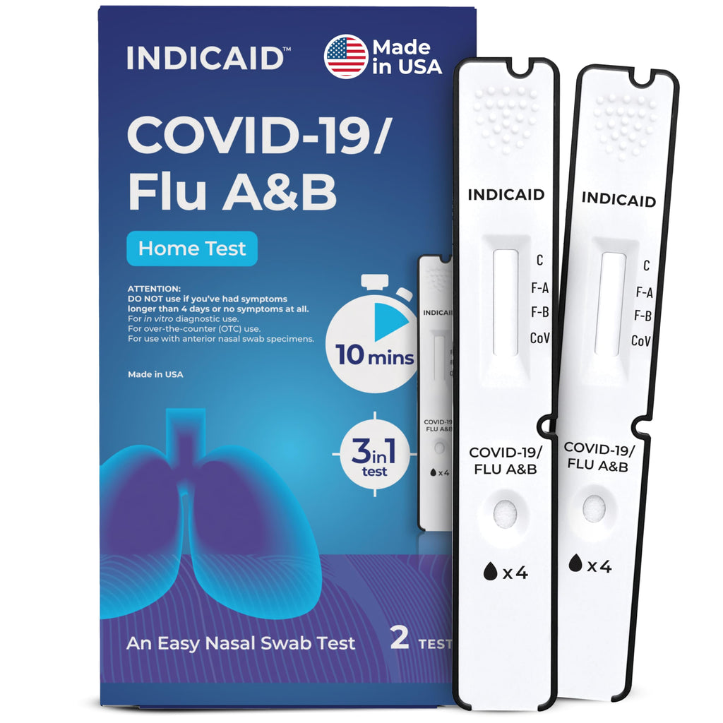 INDICAID COVID-19/Flu A&B 3-in-1 Antigen Test, FDA Authorized Covid Flu Home Test Combo Kit, Fast Results in 10 Minutes, Made in USA, 2 Tests with Soft Nasal Swab, - Easy to Use & Non-Discomfort - FSA/HSA Eligible