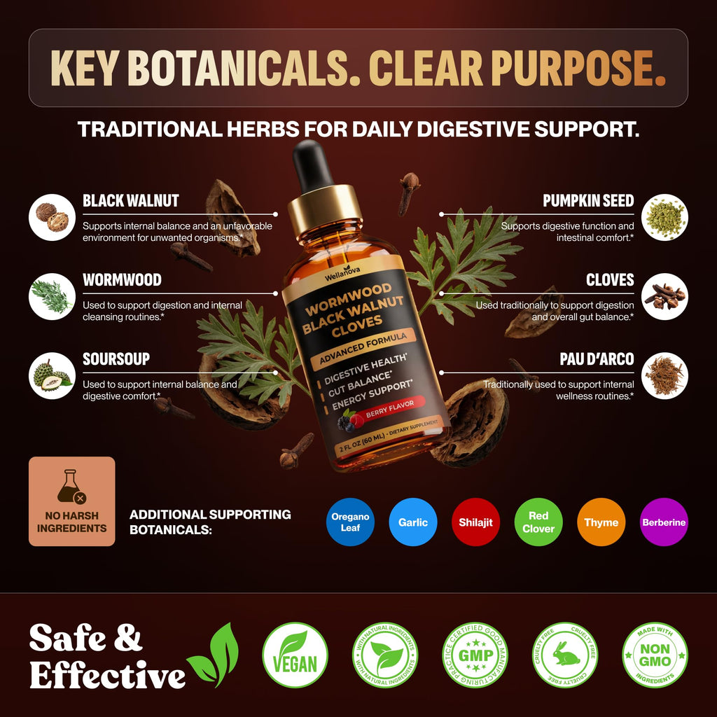 Wellanova Wormwood Black Walnut Clove Cleanse for Humans - Advanced Detox for Adults - Gut Health Supplement with Wormwood Herb, Black Walnut Hull, Clove, Garlic, Pumpkin Seed, PAU D'Arco, Soursop
