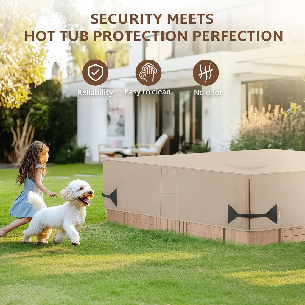 iBirdie Outdoor Waterproof and Weatherproof Hot Tub Cover 90 x 90 inch fit 89 x 89 or 88 x 88 or 87 x 87 Square SPA 600D Heavy Duty Cover Protectors Protective Cap, Brown