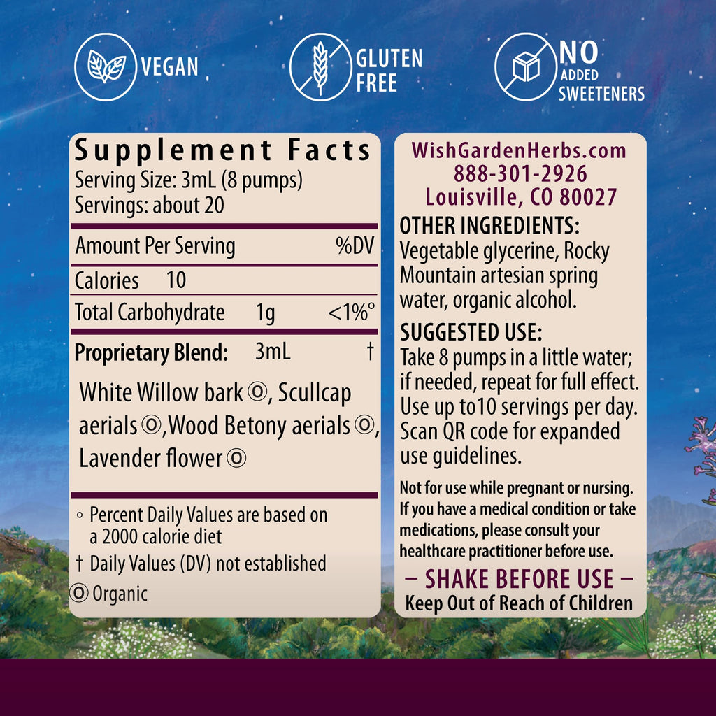 WishGarden Herbs Cranial Comfort Tension & Headache Relief Liquid Tincture, Organic White Willow Bark, Skullcap, Wood Betony & Lavender, Natural Muscle Relaxer for Head, Neck & Shoulder Tension, 4oz