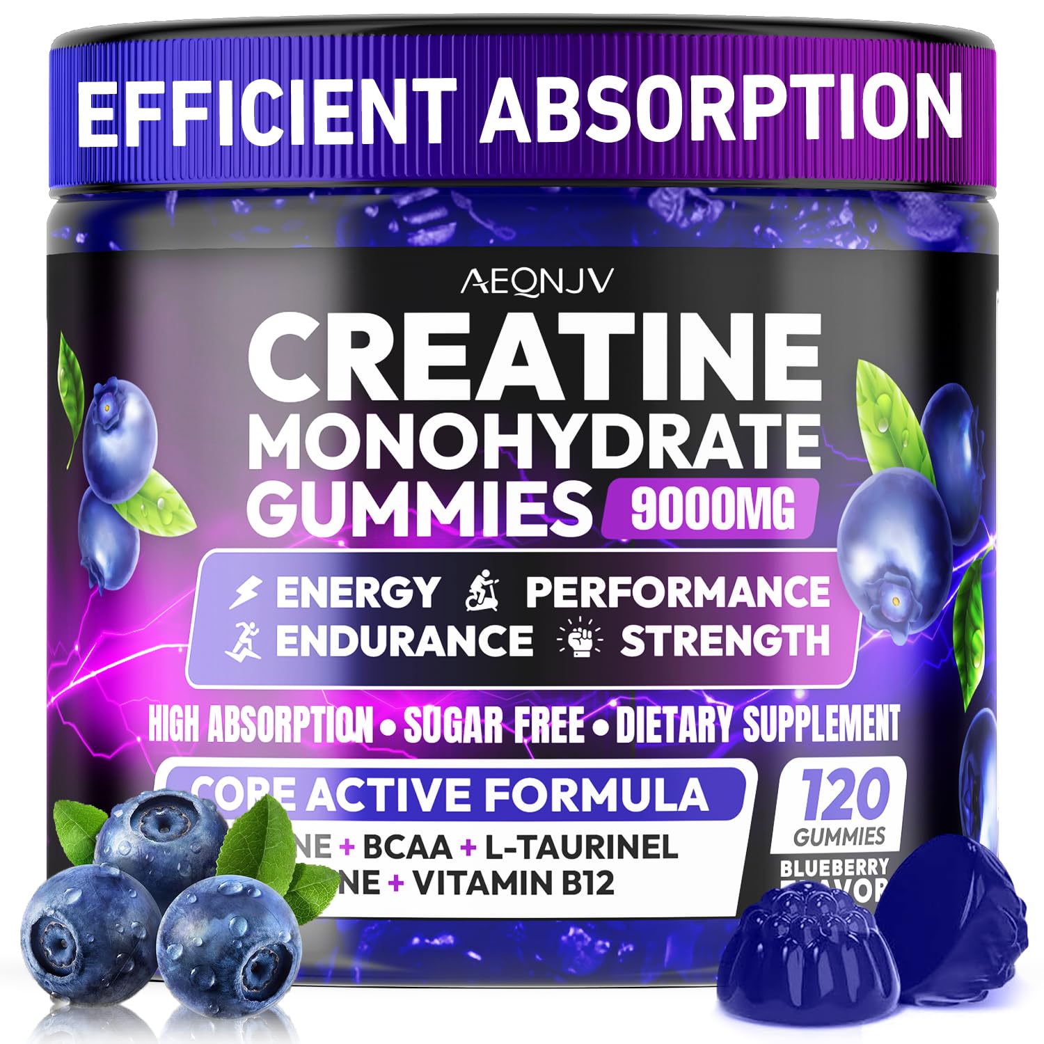 AEQNJV Creatine Gummies Monohydrate Complex for Men & Women, 9000MG Creatine Pre-Workout Supplement Enhance Muscle Strength Recovery Cognitive Health & Memory, 120 Gummies Sugar Free Vegan Non-GMO