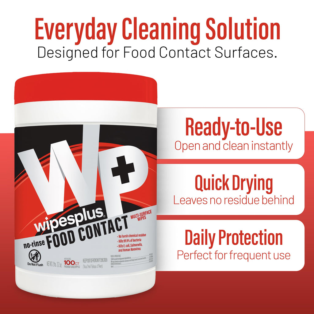WIPESPLUS No-Rinse Food Contact Wipes Canister Multi-Surface Wipes, Unscented for Home and Business, 600, (6 Packs of 100)