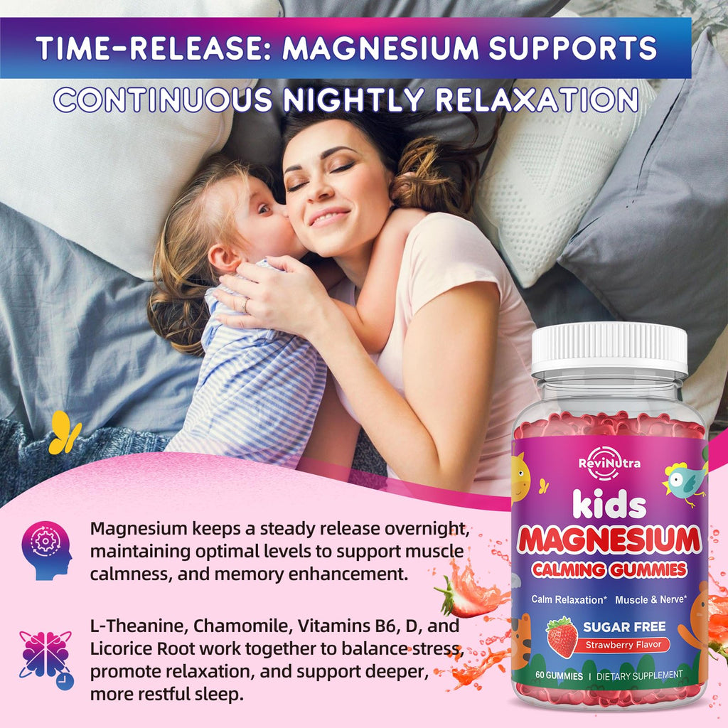 ReviNutra Magnesium Gummies for Kids - Magnesium Glycinate Gummies with L-Theanine, Chamomile, Vitamin B6, D for Kids & Adults Sleep, Stress, Muscle Relief & Nerve Bone - Sugar Free Strawberry 60ct