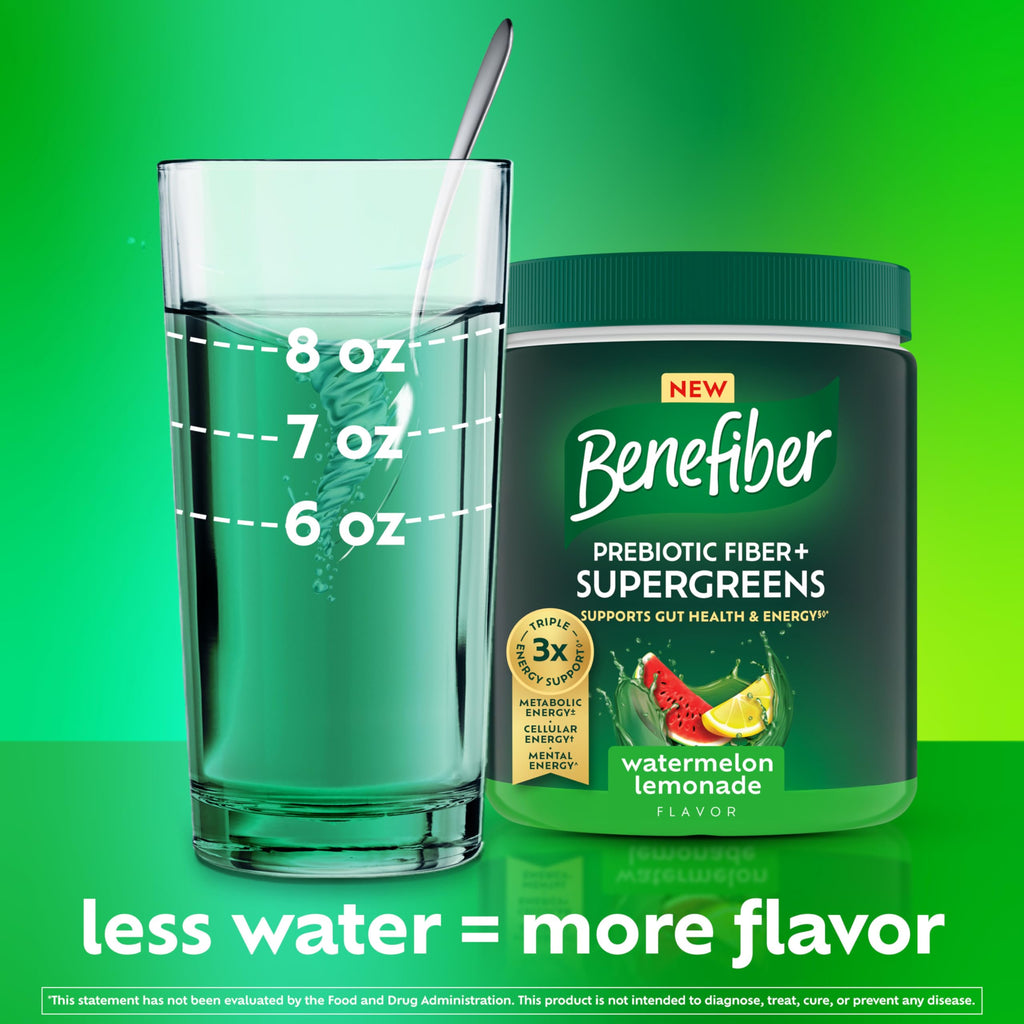 Benefiber Prebiotic Fiber + Supergreens Dietary Supplement Powder, Watermelon Lemonade Flavor, 8.8 oz (250g)