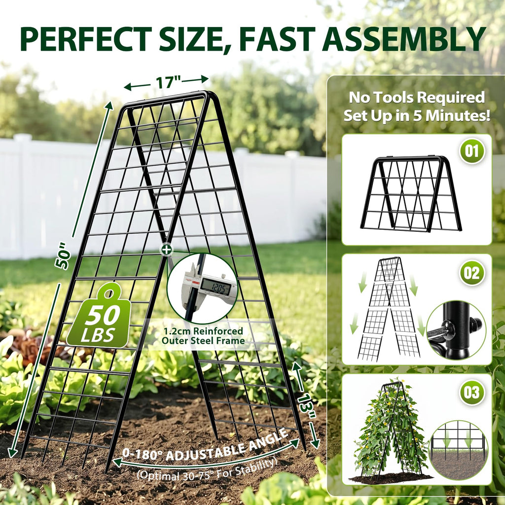 Heavy Duty 50"x17" Adjustable A-Frame Trellis for Climbing Plants Outdoor, Metal Rust-Proof Garden Trellis, Dense Grid Climbing Frame Trellis for Raised Beds, Cucumber, Tomatoes Outdoor (1 Pack)