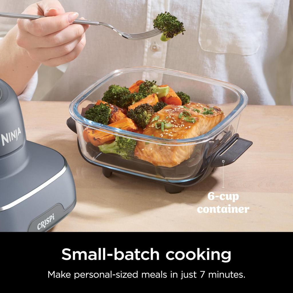 Ninja Crispi Air Fryer, Microwave, Freezer & Dishwasher Safe, Non Toxic Glass Portable Cooking System, 4 QT & 6 Cup Glass Containers with Storage Lids, Easy Meals, Air Fry, Bake, Grey (Renewed)