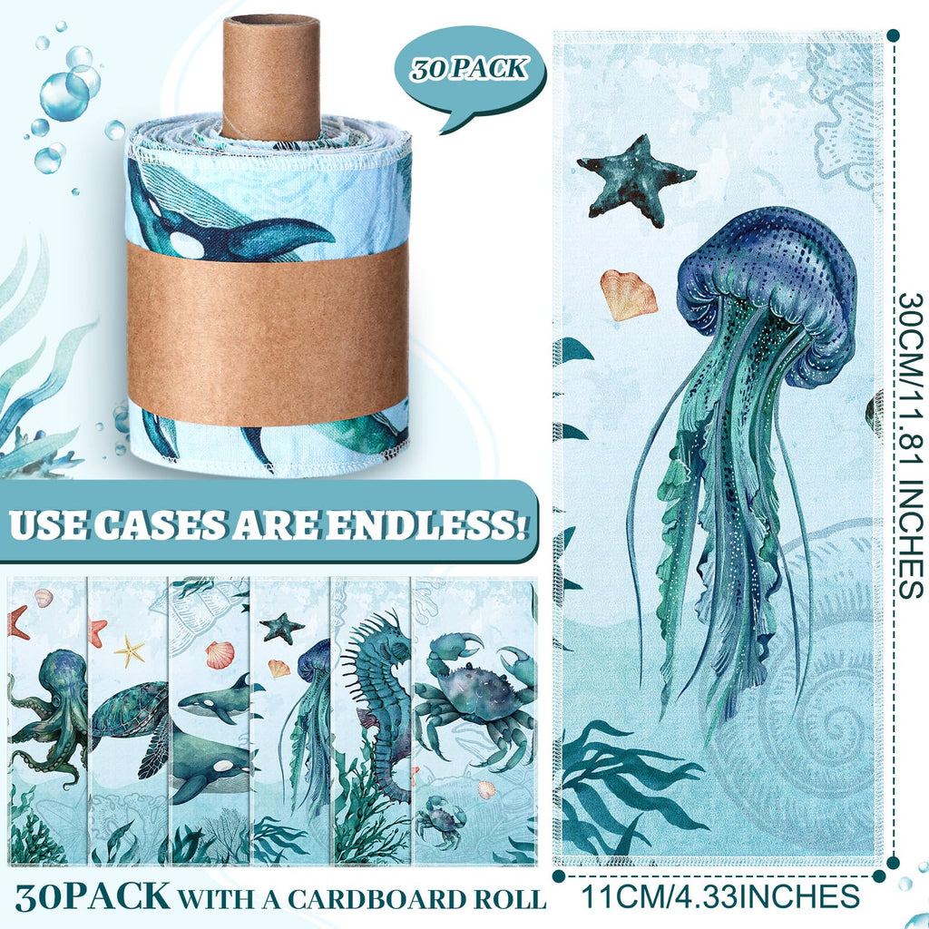 FuWeave 30 Pack Reusable Toilet Paper Washable Soft Bidet Towels Bulk Gifts Paperless Rolls Flannel Cotton 12'' x 4.3" Family Cloth Wipes Bathroom Napkins with Cardboard (Sea)