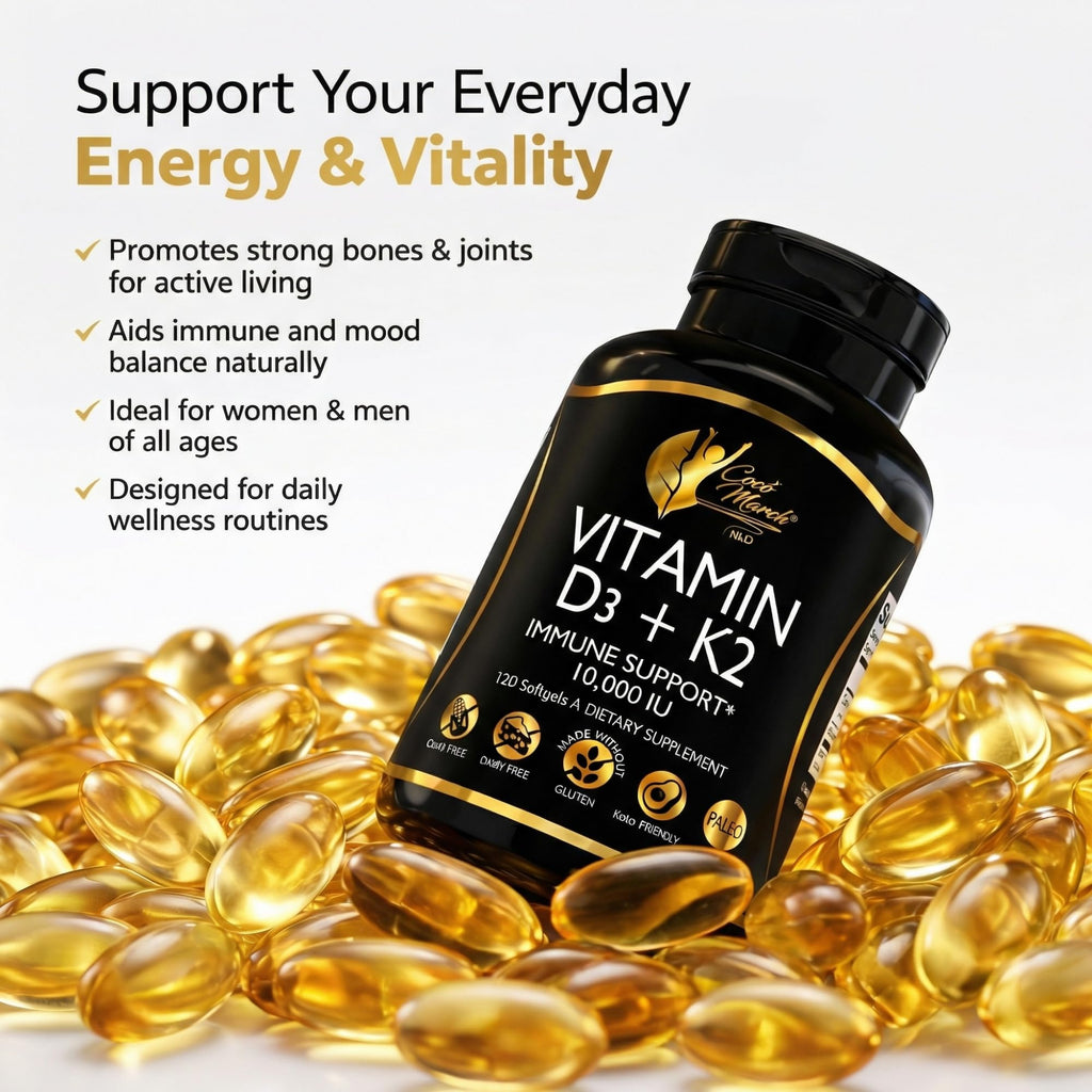 Cocó March N.M.D Vitamin D3+K2 10,000 IU - High Potency Supplement for Women & Men, Immune Support, Bone & Joint Health - Gluten-Free, Non-GMO, 4 Month Supply, 250 mcg D3, 180 mcg of Vitamin K2
