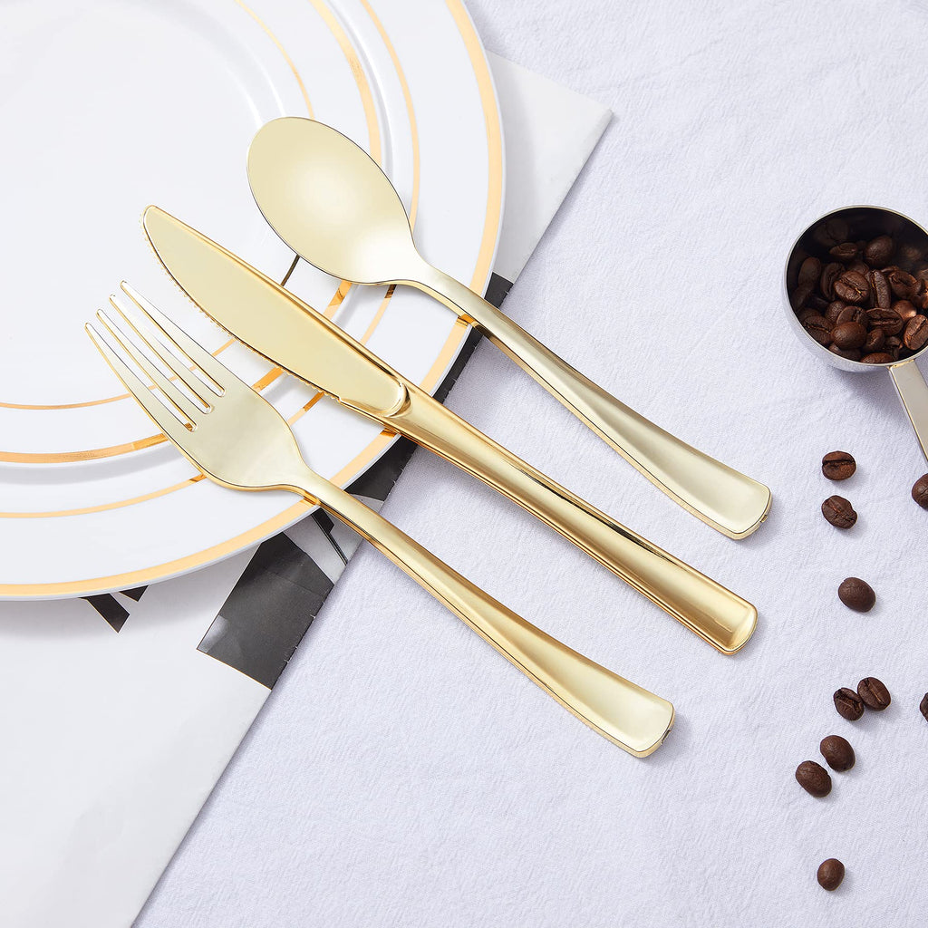 N9R 300PCS Gold Plastic Silverware, Heavy Duty Gold Plastic Cutlery Set Disposable Flatware Dinnerware, 100 Forks, 100 Spoons, 100 Knives, Perfect for Party, Wedding and Daily Use