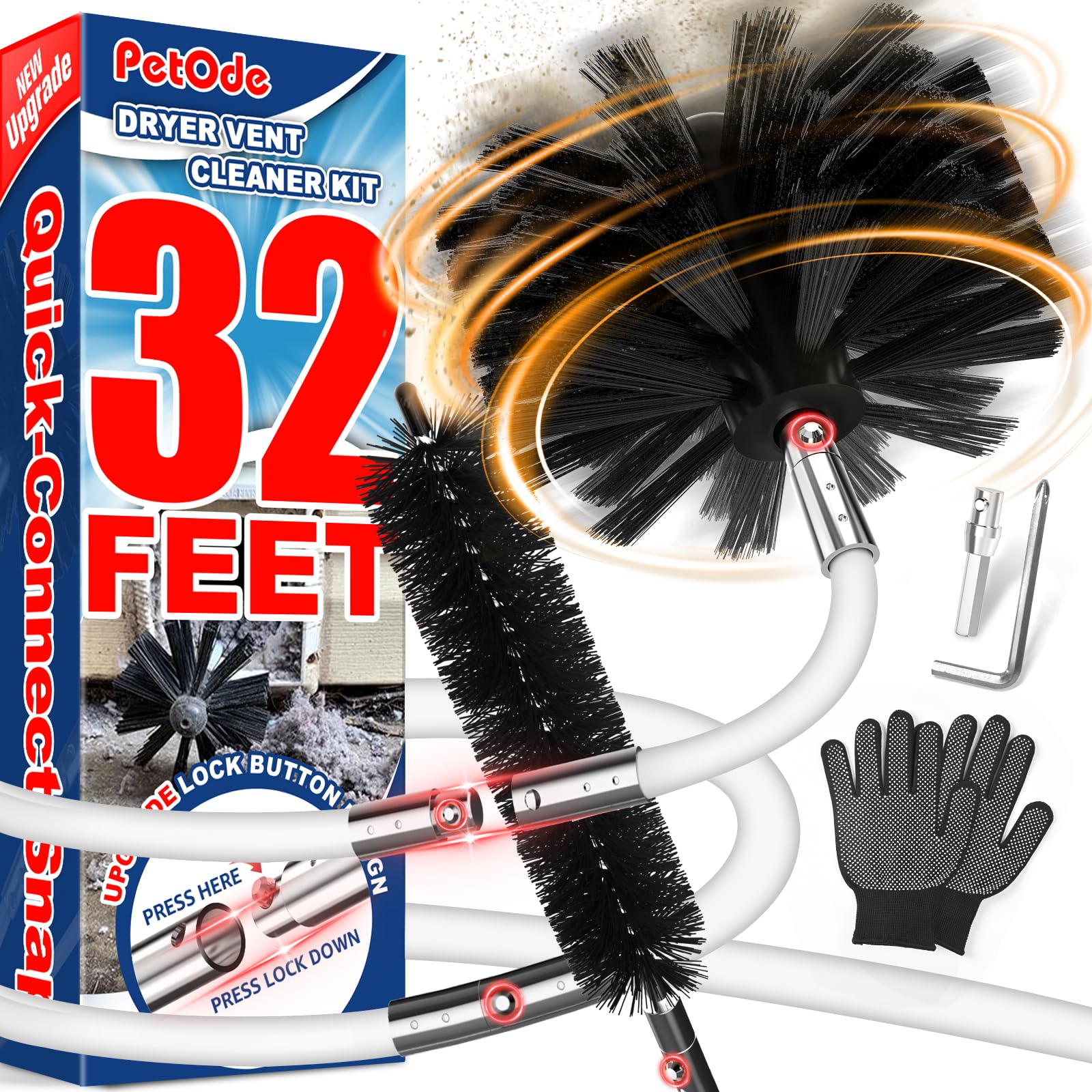 PetOde 32 Feet Dryer Vent Cleaner Kit, Enhanced Flexible Quick Snap Brush with Drill Attachment for Effective Cleaning, 360 Degree Rotation Without Loosening, Use with or Without a Power Drill