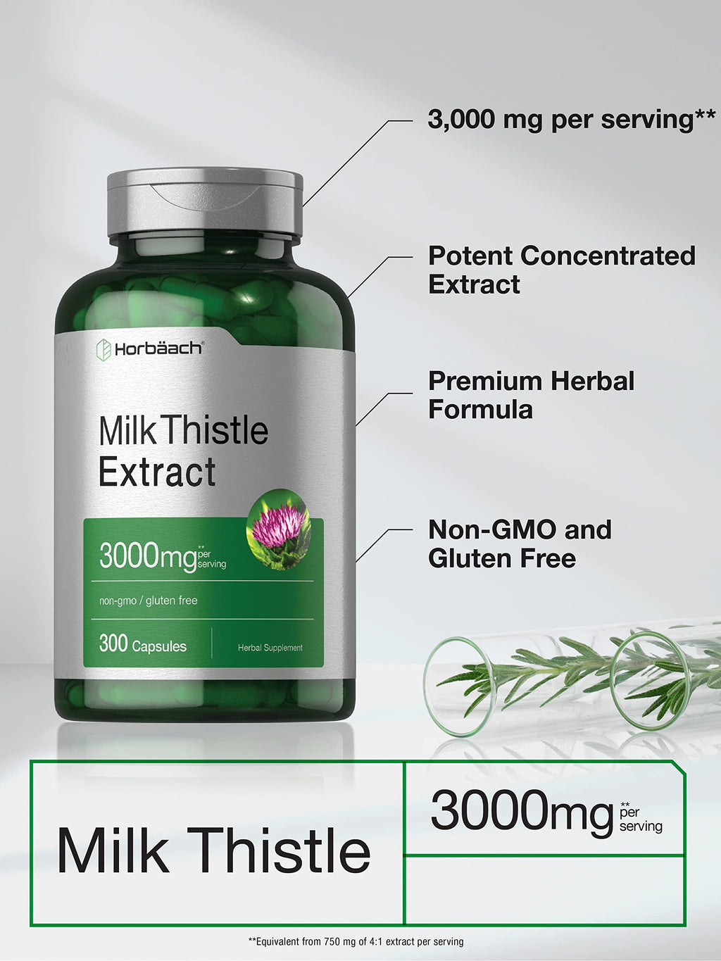 Horbäach Milk Thistle Supplement | 300 Capsules | Herbal Extract | Non-GMO, Gluten Free