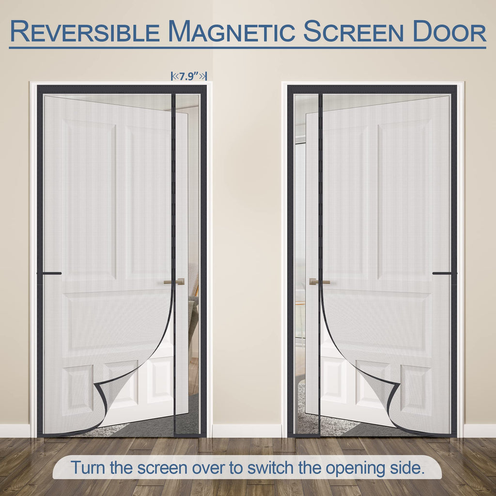 Okayavo Upgraded Magnetic Screen Door Thicker 255g/㎡ Reinforced Mesh,Reversible Left Right Side Opening,Fit Door Size 32 x 80 Inch,Retractable Mosquito Net for Door,Mesh Insect Screens not of Metal