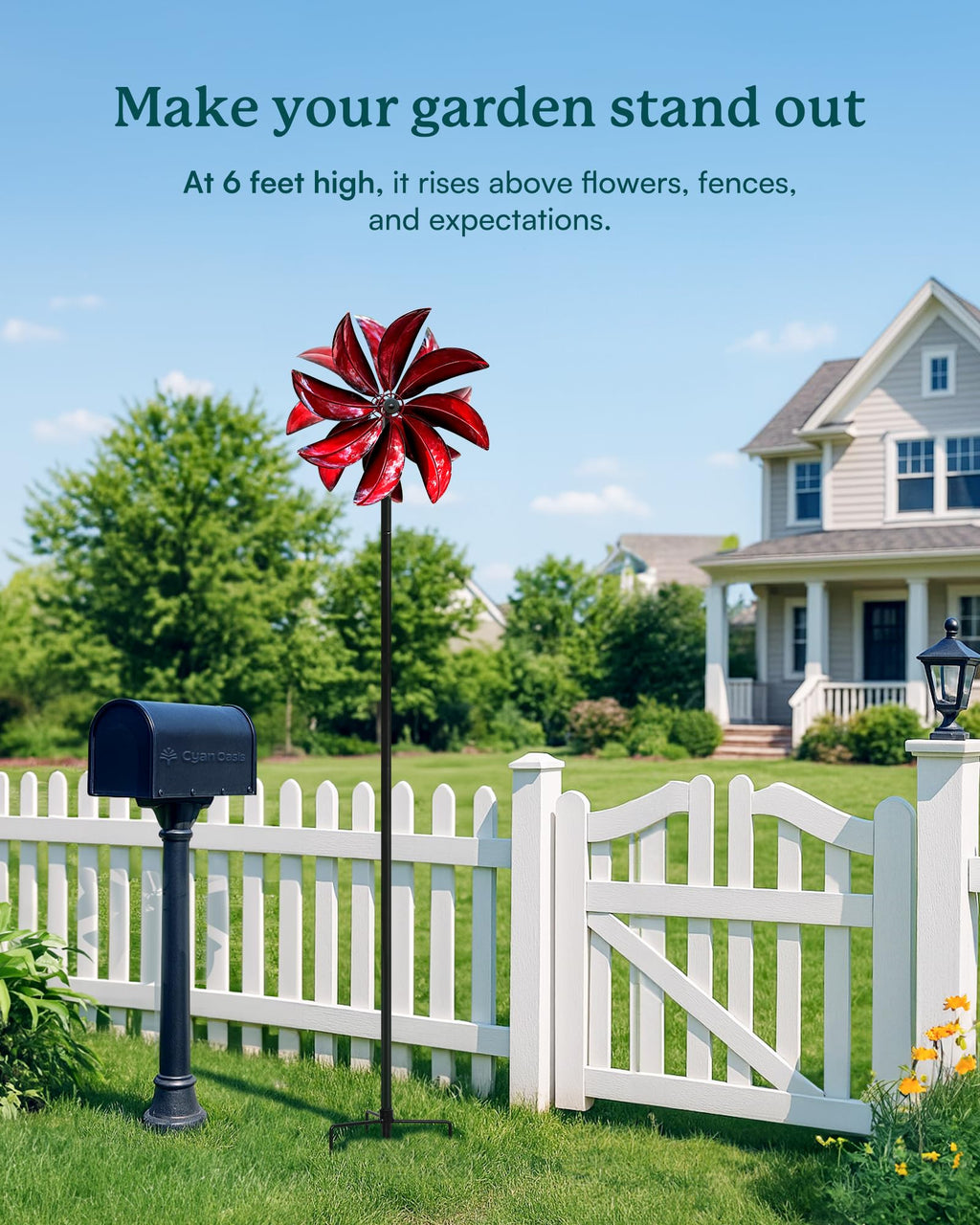 Cyan Oasis Wind Spinners Outdoor - Red Metal Windmill with Stake for Yard and Garden, Kinetic Wind Sculptures & Spinners, Gift Decor Ideas for Garden Lovers (12" W x 70" H)