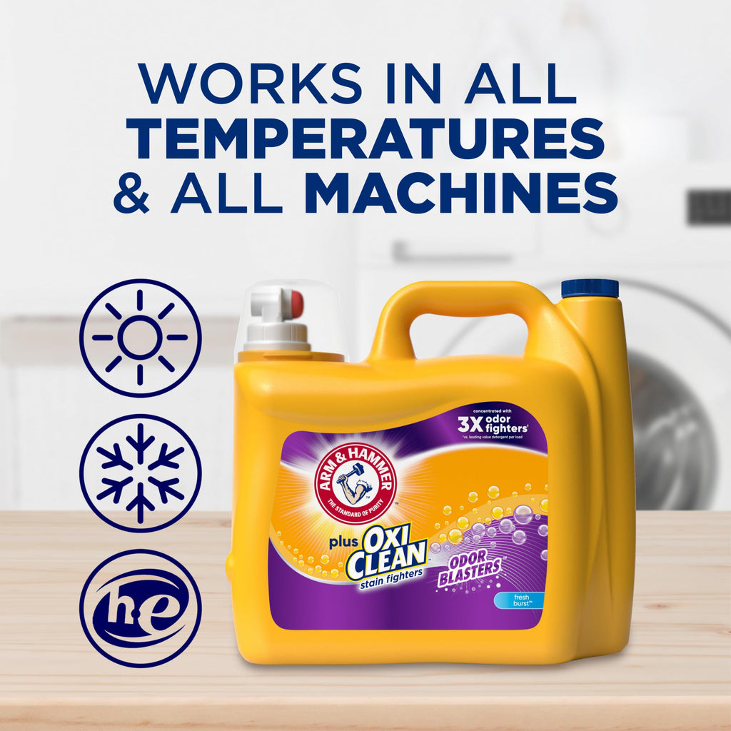 ARM & HAMMER Plus OxiClean with Odor Blasters Liquid Laundry Detergent, Laundry Odor Remover, Attacks Stains, Fresh Burst Scent, 154 Loads, 200.2 Fl Oz