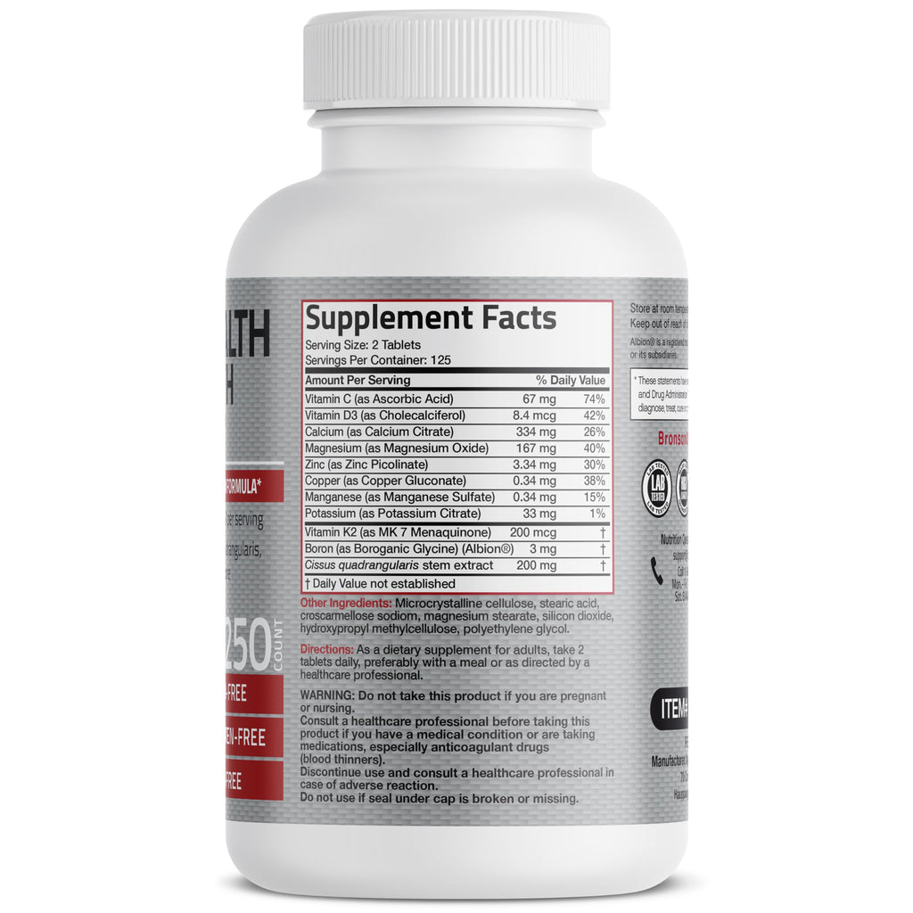 Bronson Bone Health & Strength Complex* High Potency Formula 200 MCG of Vitamin K2 as MK7, Plus Calcium, Boron, Cissus Quadrangularis, Magnesium, Vitamin D3, and More - Non-GMO, 250 Tablets