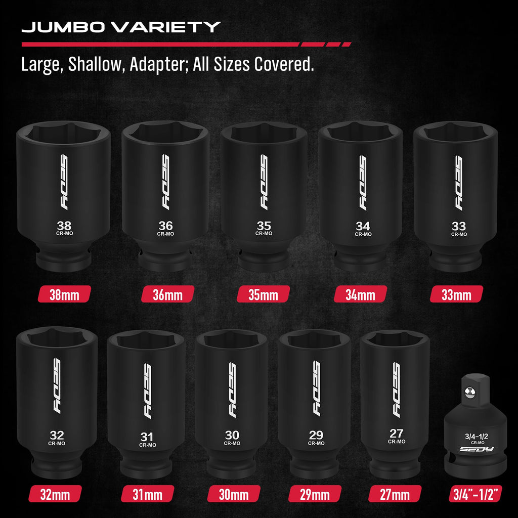 1/2 Drive Deep Impact Socket Set: 11-Piece Metric Size Wheel Axle Nut Wrench Metric Large Jumbo 27mm 29mm 30mm 31mm 32mm 33mm 34mm 35mm 36mm 38mm Spindle Joint High Torque Truck Bearing Locknut