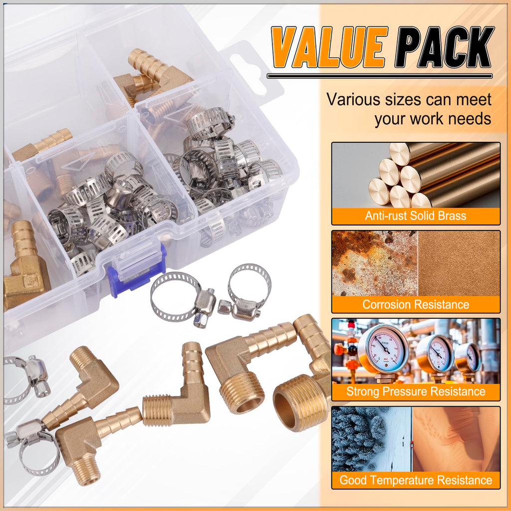 KOOTANS 18PCS Brass Hose Barb Fittings 90 Degree Elbow Barb to NPT Male Thread Adapter Kit 1/4" 5/16" 3/8" Barbed Air Hose Fittings with 30pcs Pipe Clamps for Water Fuel Air Line Connector Fitting
