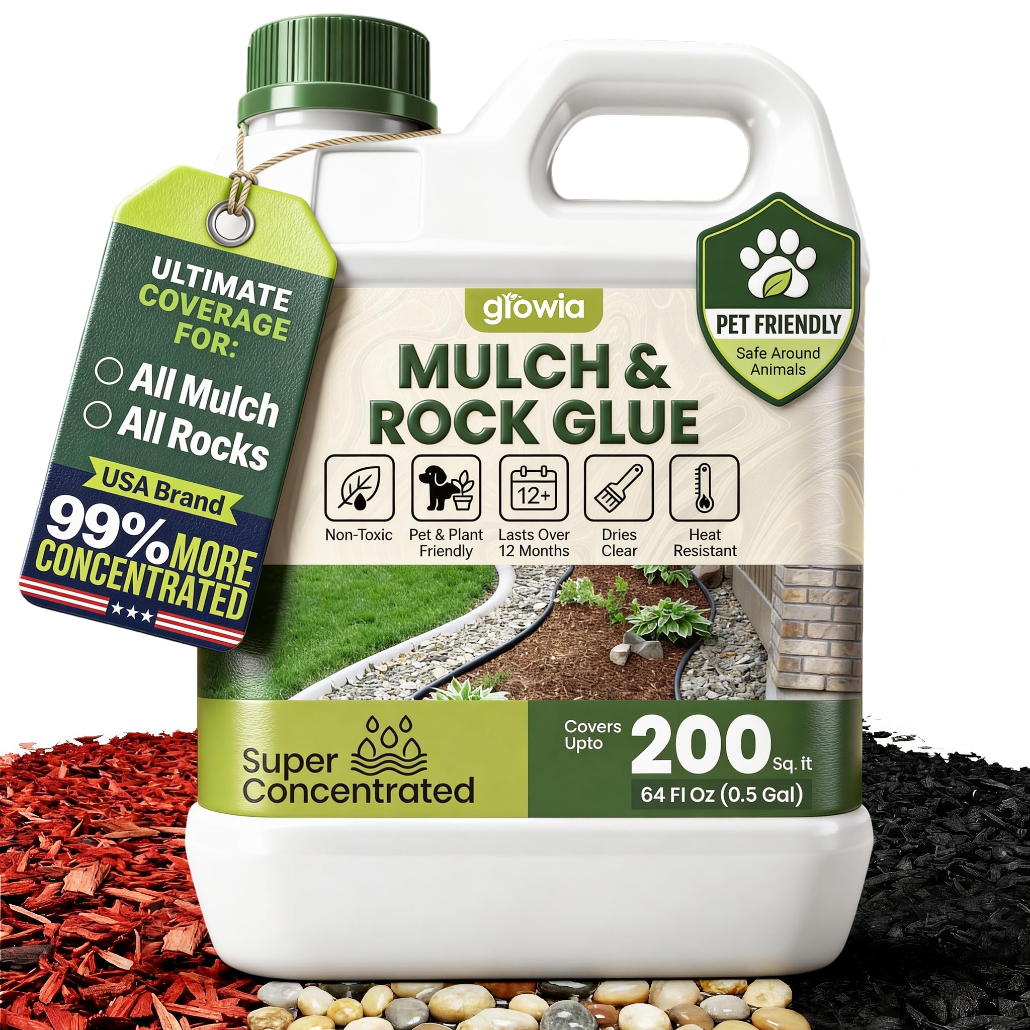 Mulch and Rock Glue for Landscaping - Cover Upto 200 sqft - 0.5 Gallon Mulch Glue for Rocks Outdoor Landscaping, Rock Glue for Pea Gravel, Fast-Drying Gravel Glue, Non-Toxic Gravel Binder