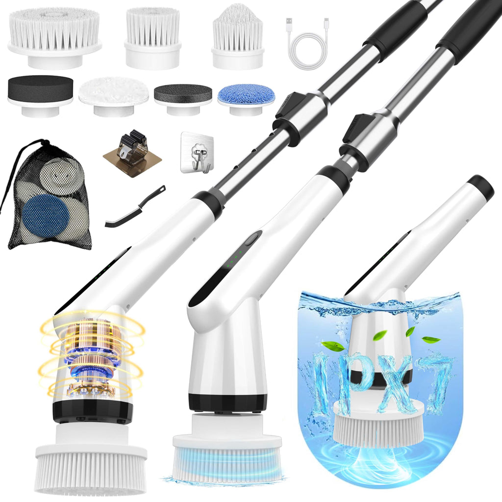 Dreazu Electric Spin Scrubber, 12-in-1 Shower Scrubber & Retractable Long Handle, 44 lbs High-Torque & Variable Speed Shower Cleaning Brush for Bathroom,Toilet, Bathtub, Kitchen, Tile Floors, Car
