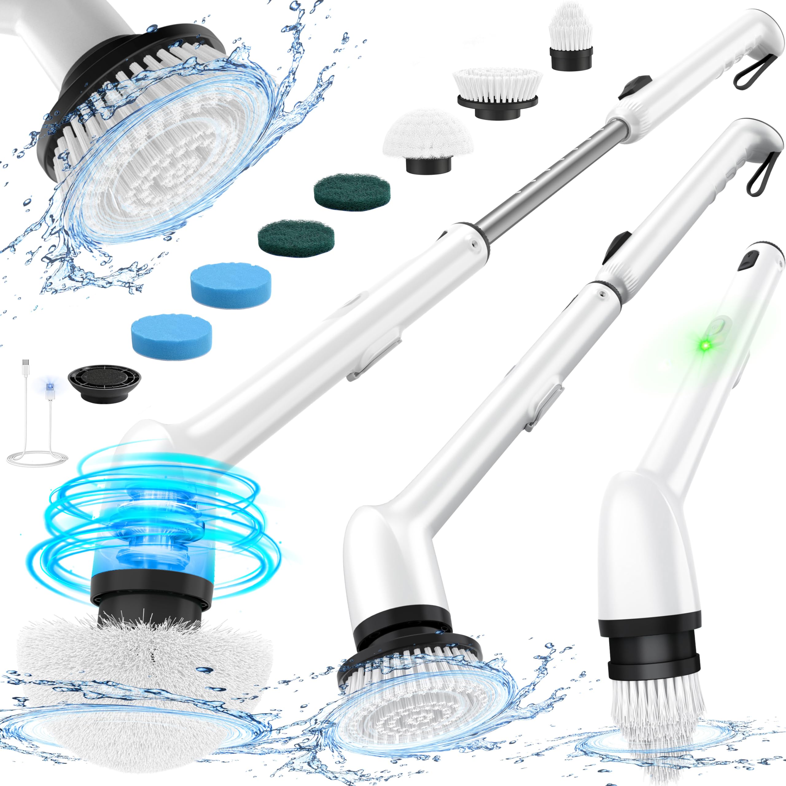 LyriFine Electric Spin Scrubber, New Full-Body IPX7 Waterproof Bathroom Cleaner Brush, Shower Scrubber with Long Handle & 2 Speed, Heads Replacement, Cleaning Supplies for Tub Shower Tile Floor