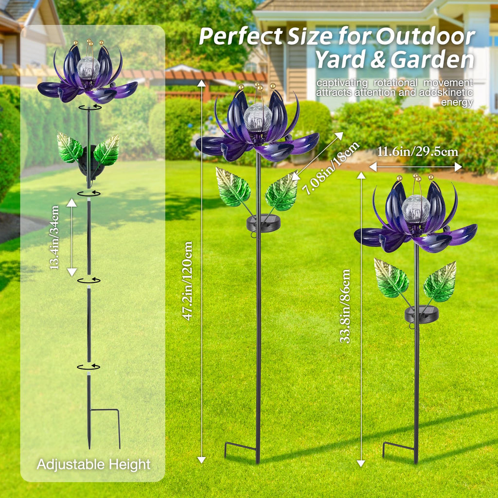 AIINY Solar Purple Metal Flower Wind Spinners, Colorful Spinning Windmill Lotus Yard Art Lights Wind Pinwheels with LED Crystal Ball Decorative Stake Lighting Flower Sculpture