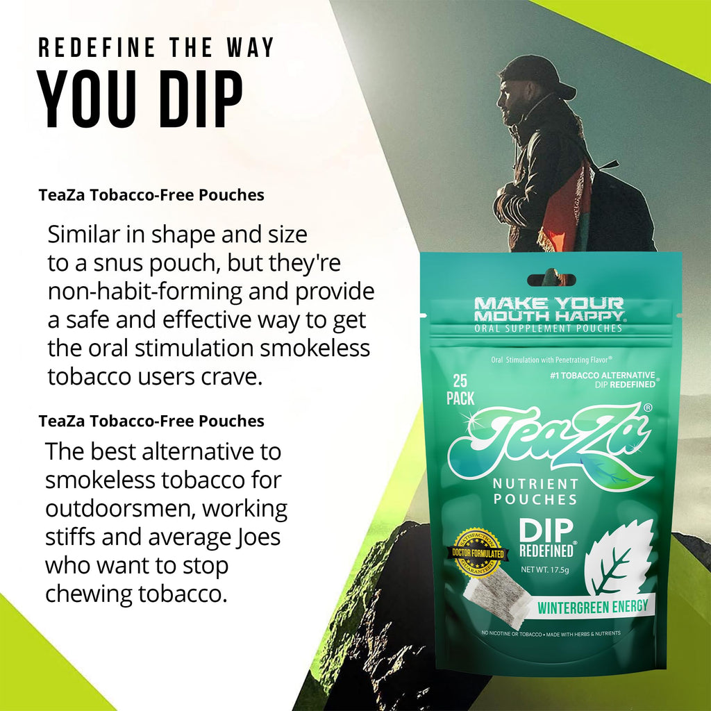 Teaza Herbal Energy Pouches Tobacco Alternative Nicotine Free Dip, Alternative Snuff Healthy Dip Pouches, Wintergreen Energy (2 Pack)