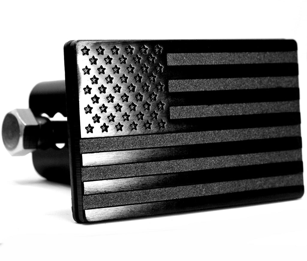 USA American Flag Metal Trailer Hitch Cover with Locking Pin (Fits 2" Receivers, Black)
