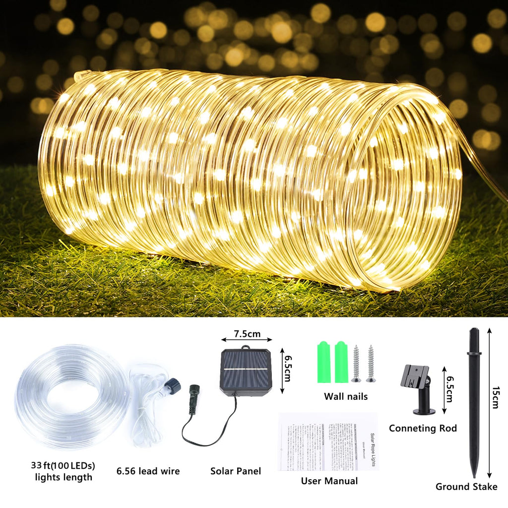 Solar Rope Lights, 2 Pack Total 66ft 200LED Solar String Lights, 8 Modes Waterproof Solar Outdoor Light, Flexible Clear Trampoline Light for Garden Yard Patio Deck Porch Pool Tree Decor - Warm White