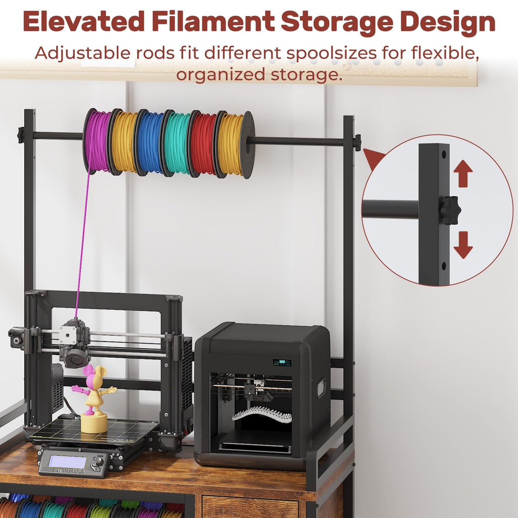 Anrigeail 3D Printer Stand with Filament Storage – Tall 66" Heavy Duty Metal 3D Printer Table with Power Hub, Drawer & X-Bracket Stability for Workshop, Studio, Office