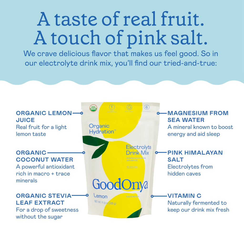 GOODONYA HYDRATE Electrolyte & Mineral Powder, 11.9oz, 42 Servings - Certified Organic, Real Lemon Juice, Himalayan Pink Salt, Stevia, Coconut Water, Paleo, Plant Based, No Sugar Added