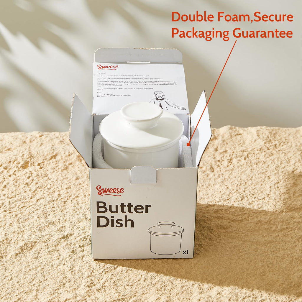 Sweese French Butter Dish - Butter Crock for Counter with Water Line for Fresh Spreadable Butter - French Butter Keeper with Lid - Housewarming Gift For The One Who Has It All - White