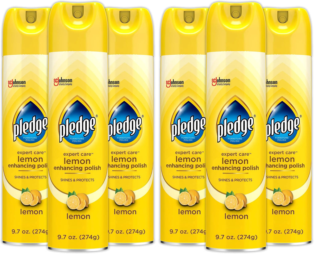 Pledge Enhancing Polish Spray, Wood Furniture & Stainless Steel Polish, Remove Dust and Fingerprints, Fast Shine and Protect, Prevent Scratches & Knicks - Lemon Scent, 9.7oz, Pack of 6