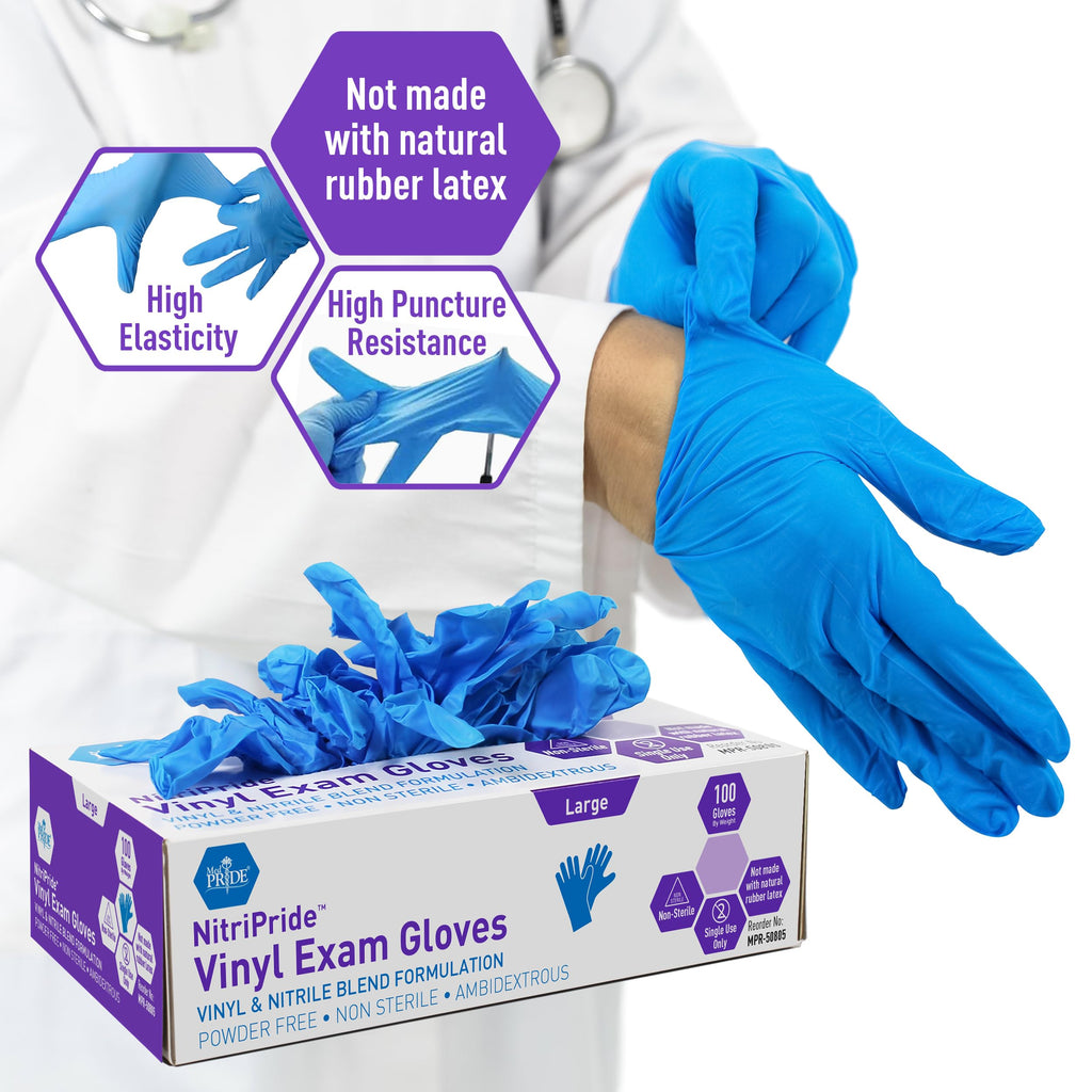 MED PRIDE Nitrile/Vinyl Blend Exam Gloves,Powder-Free,Blue,Large,100-Count