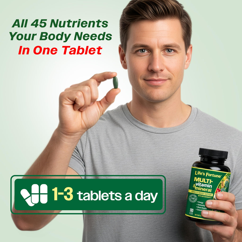 Life's Fortune Whole Food Multivitamin & Mineral Supplement for Men & Women – Energy Support Vitamins for Immune, Brain & Metabolism Support – Iron Free, 180 Vegetarian Tablets