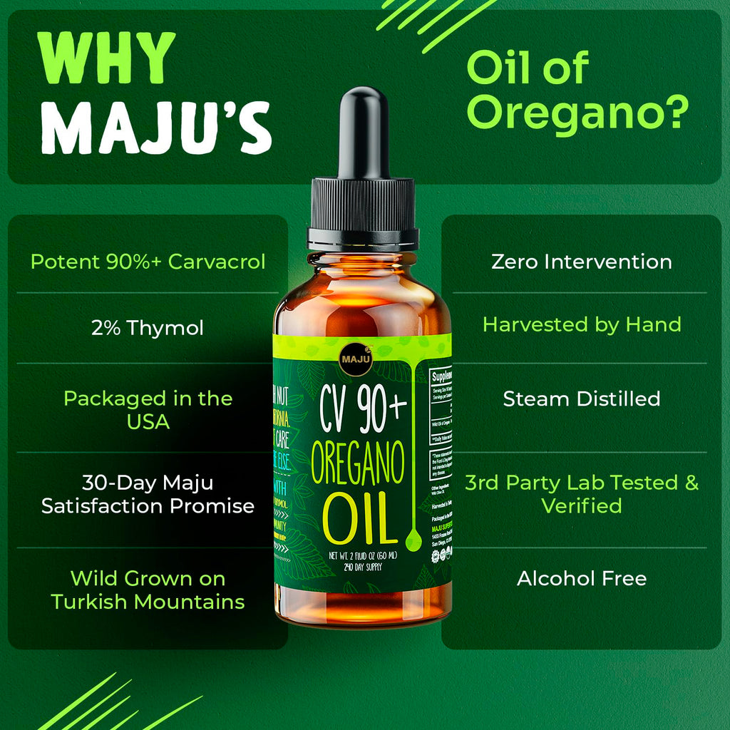 MAJU Oregano Oil Drops - Potent 90%+ Carvacrol (2 fl Oz) Wild Mediterranean Essential Oil of Oregano Liquid, Aceite de Oregano, Immune and Seasonal Support