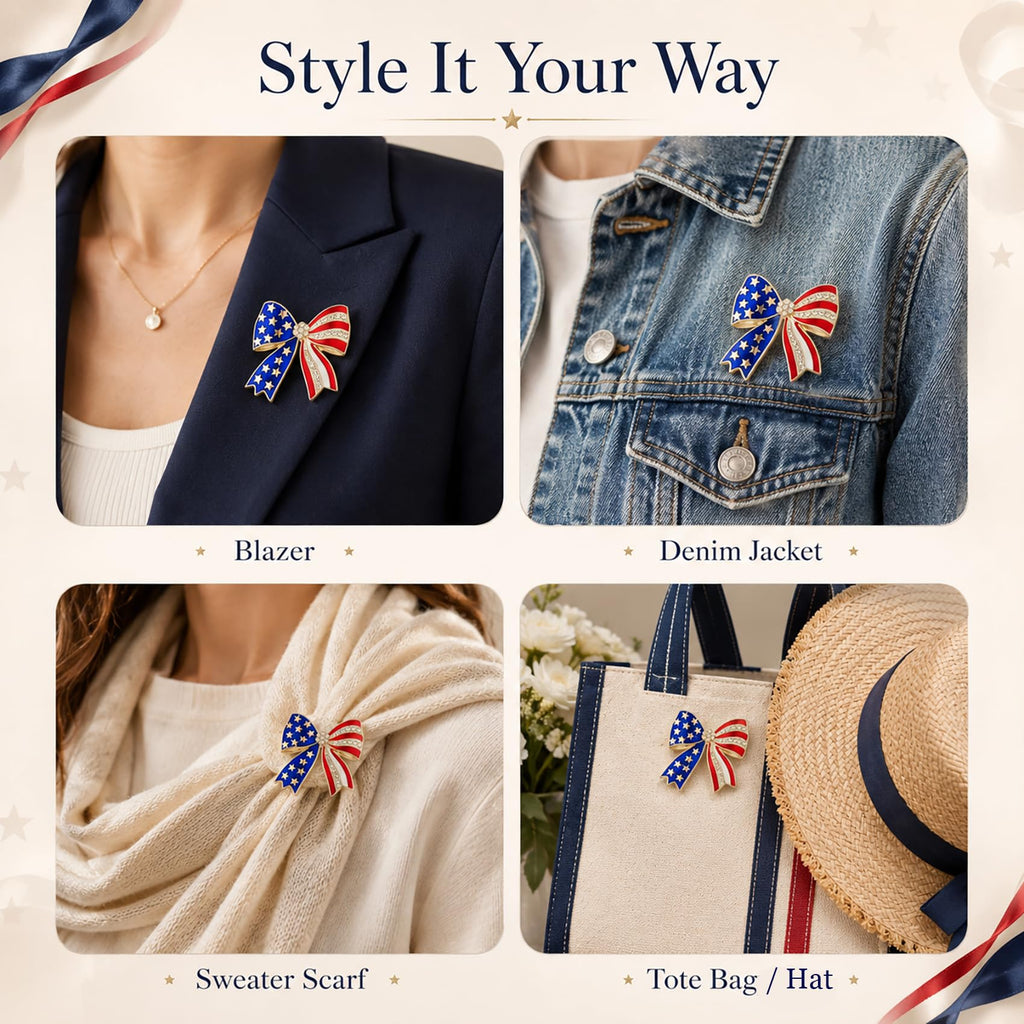 4th of July Pins, American Flag Enamel Pins, Gold Bow Brooches for Women