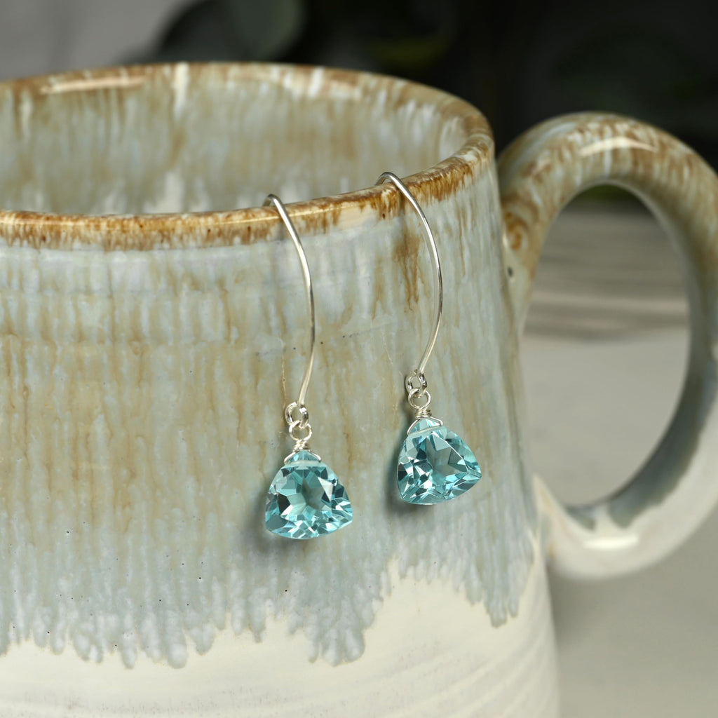Handmade Dangle Earrings for Women - Aquamarine Blue Quartz Sterling Silver in Gift Box - Sparkly Blue Quartz Trillion - Lightweight Dangling - Trendy Long Dangly Drop Handcrafted