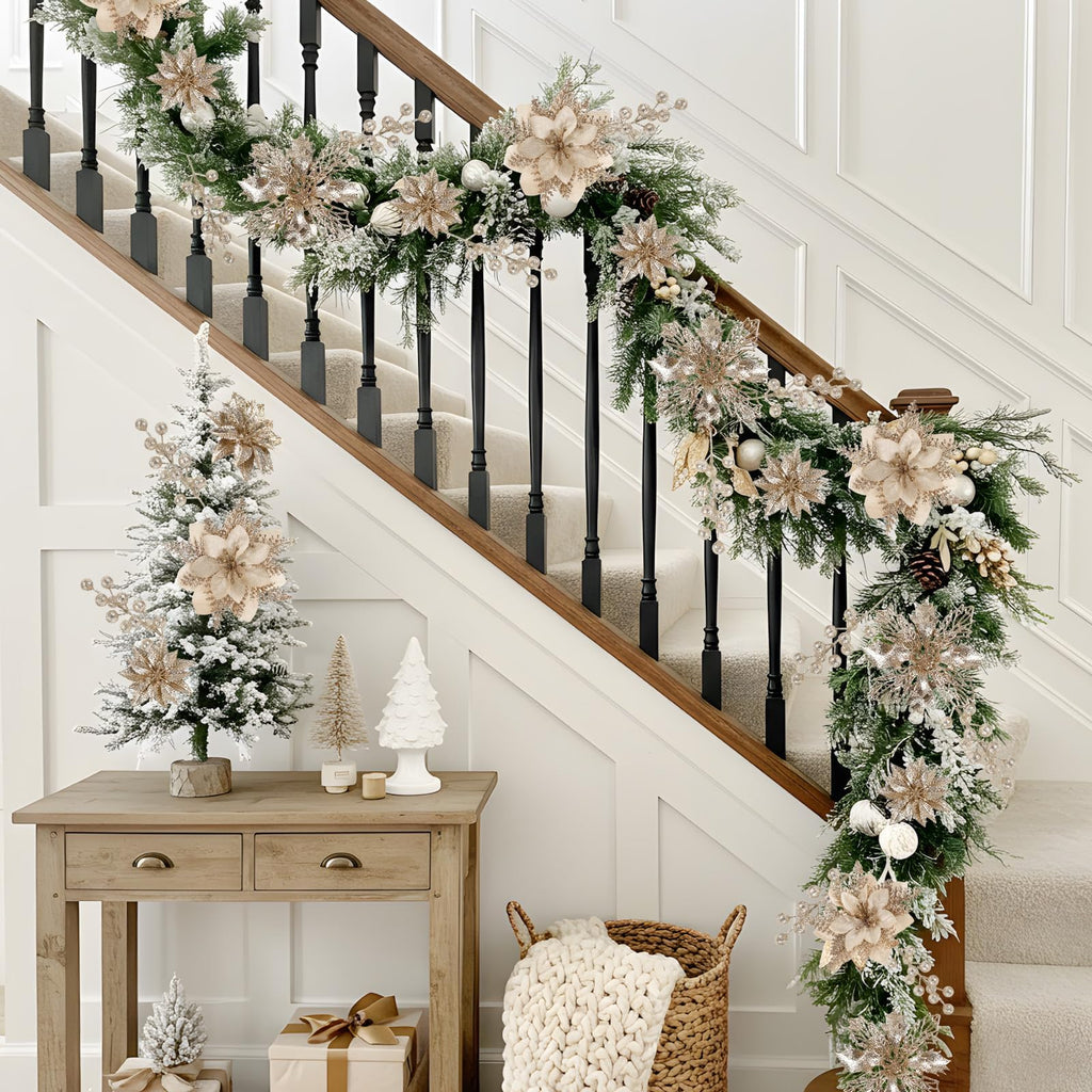 N&T NIETING 24 Pcs Christmas Poinsettia Artificial Flowers & Glitter Berries Stems Kit Christmas Floral Picks Christmas Tree Garland Wreath Filler Ornaments for Home Party Xmas Decor, Champagne Gold